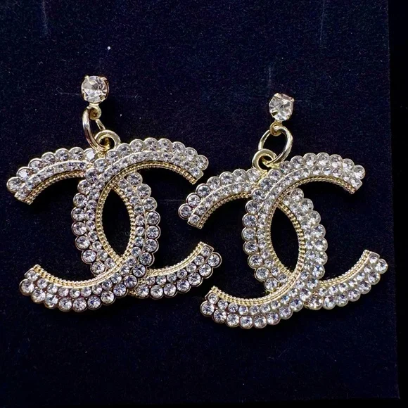 CHANEL Gold and Clear Crystal Double C Drop Earrings - Picture 1 of 1
